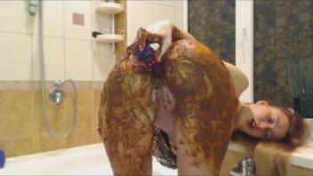 Promiscuous woman spreads her feces in the restroom